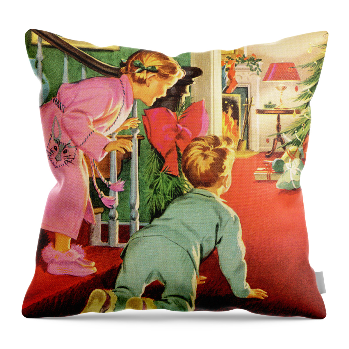 Animated Throw Pillow featuring the drawing Children on Christmas Morning by CSA Images