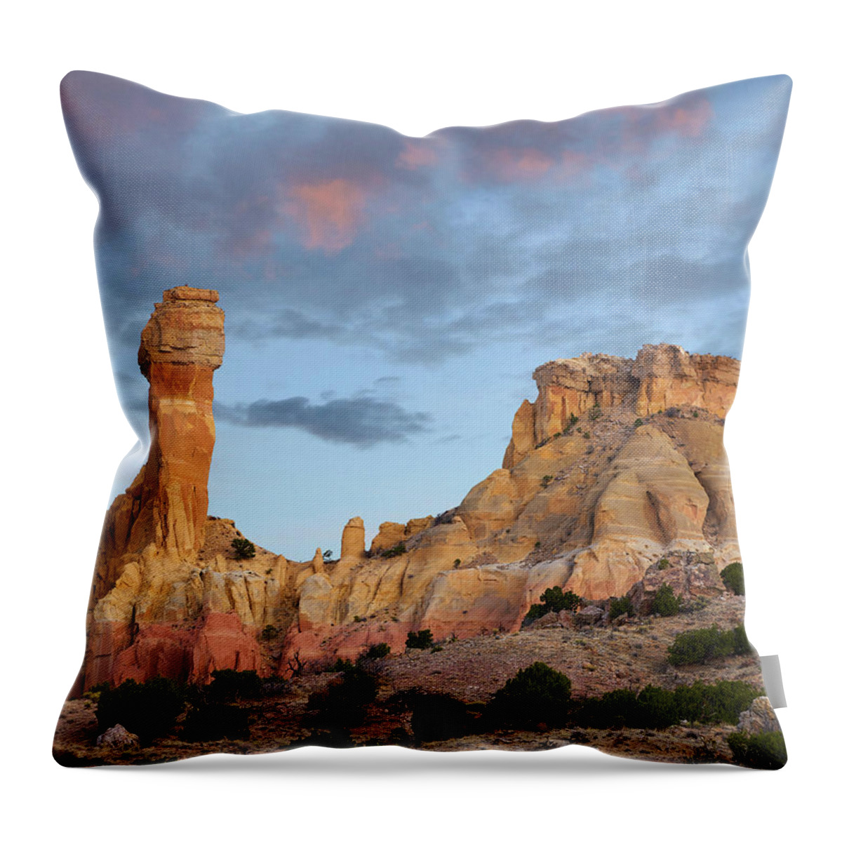 00559643 Throw Pillow featuring the photograph Chimney Rock Dawn, Ghost Ranch, New Mexico by Tim Fitzharris