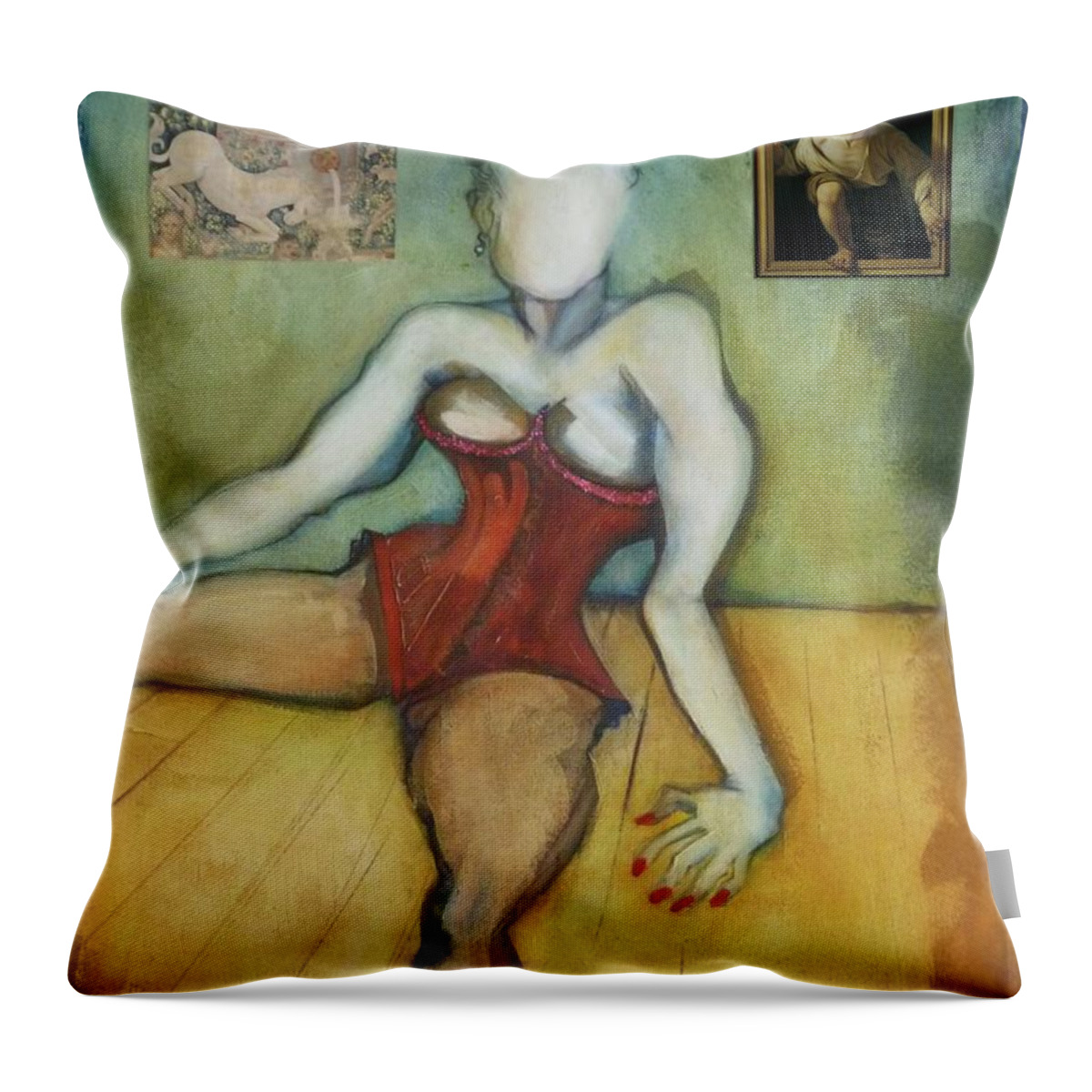 Burlesque Throw Pillow featuring the painting Chin Chin With an Imaginary Bird on Her Head by Carolyn Weltman