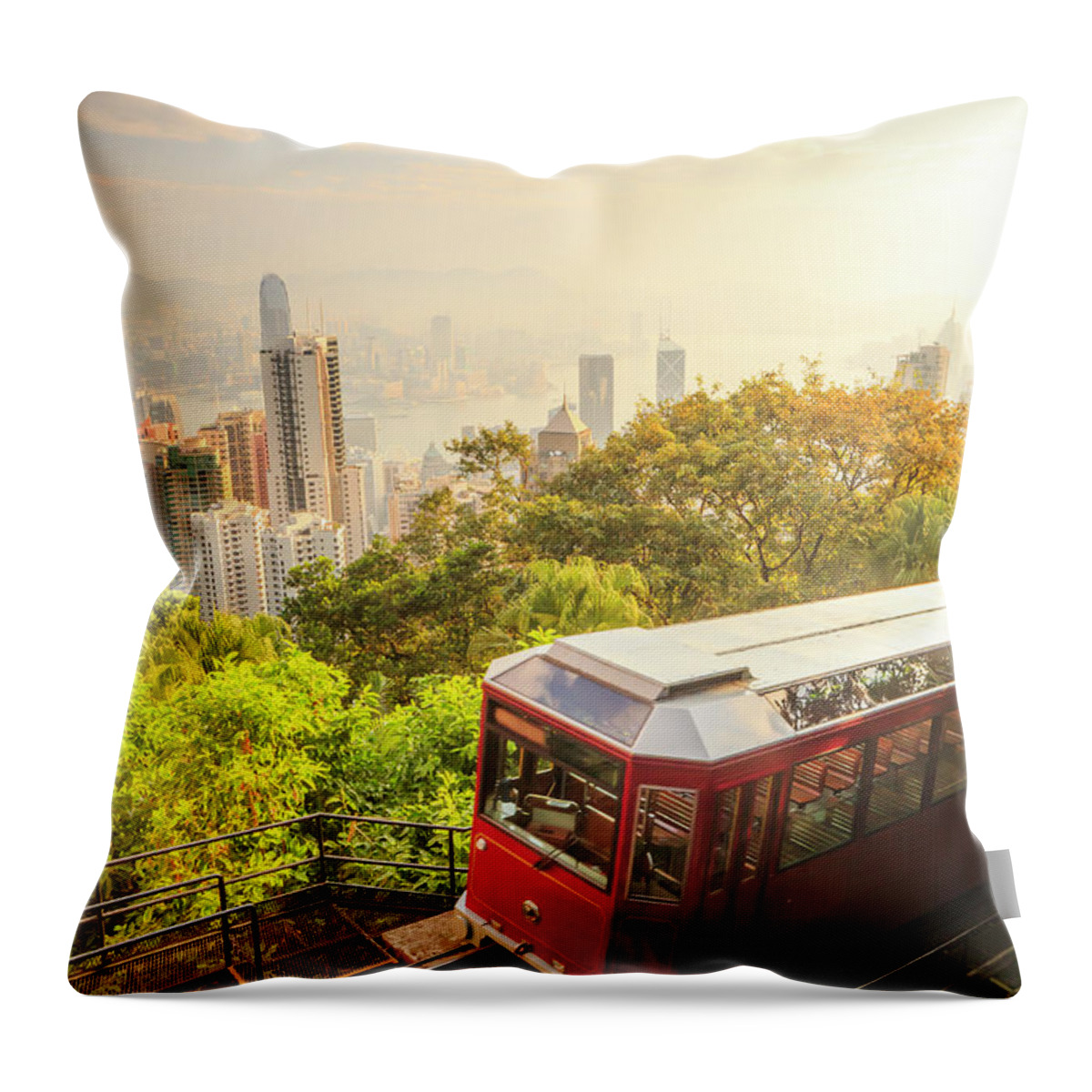 Estock Throw Pillow featuring the digital art China, Hong Kong, Hong Kong Island, Victoria Harbor, Peak Tram by Maurizio Rellini