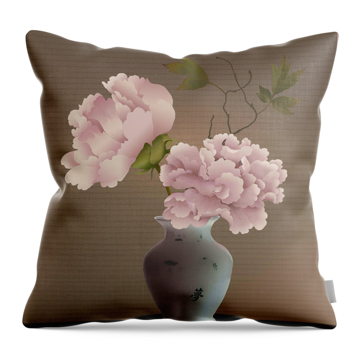 Flowers Throw Pillow featuring the mixed media Chinese Pink Peonies in Vase by M Spadecaller