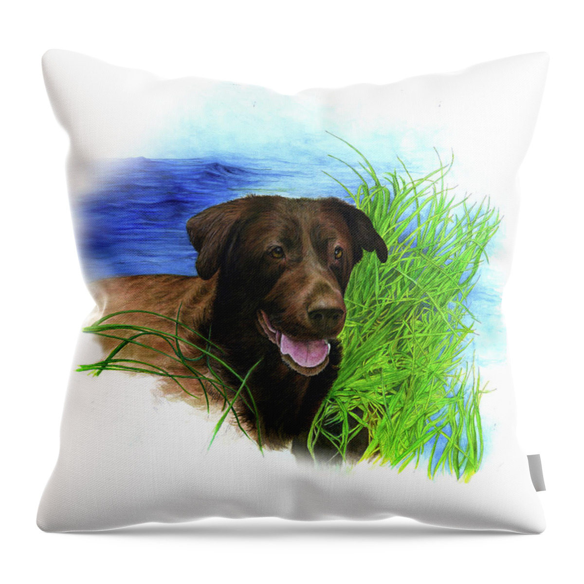 Commissioned Chocolate Lab Watercolour Art By Patrice Throw Pillow featuring the painting Chocolate Lab in water by Patrice Clarkson