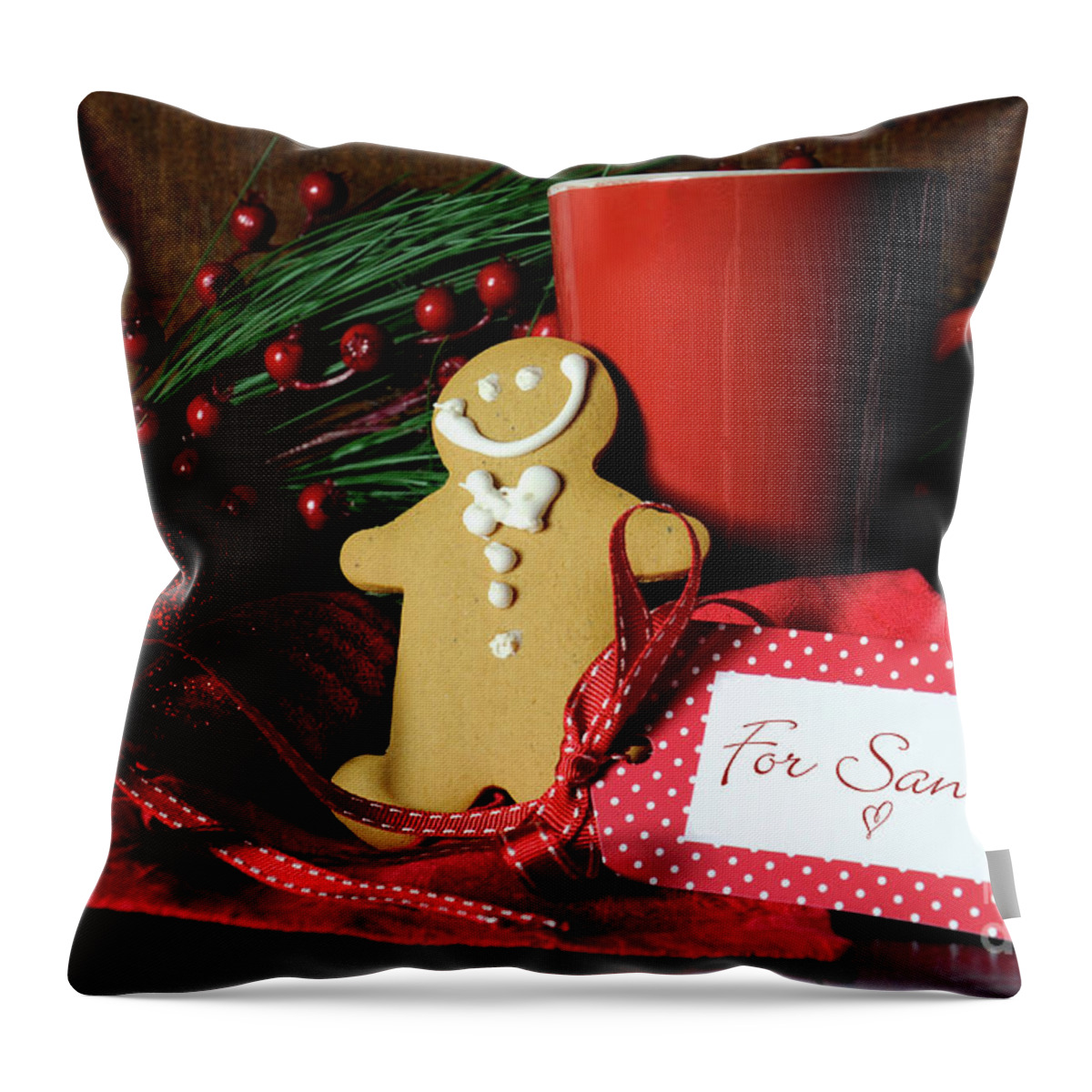 Christmas Throw Pillow featuring the photograph Christmas Eve setting with gingerbread and red cup of coffee for Santa by Milleflore Images