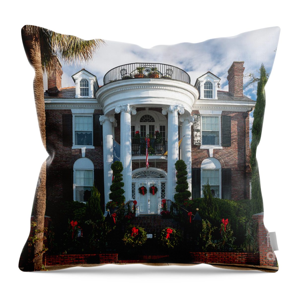 Charleston Throw Pillow featuring the photograph Christmas in Charleston - Battery Home by Dale Powell