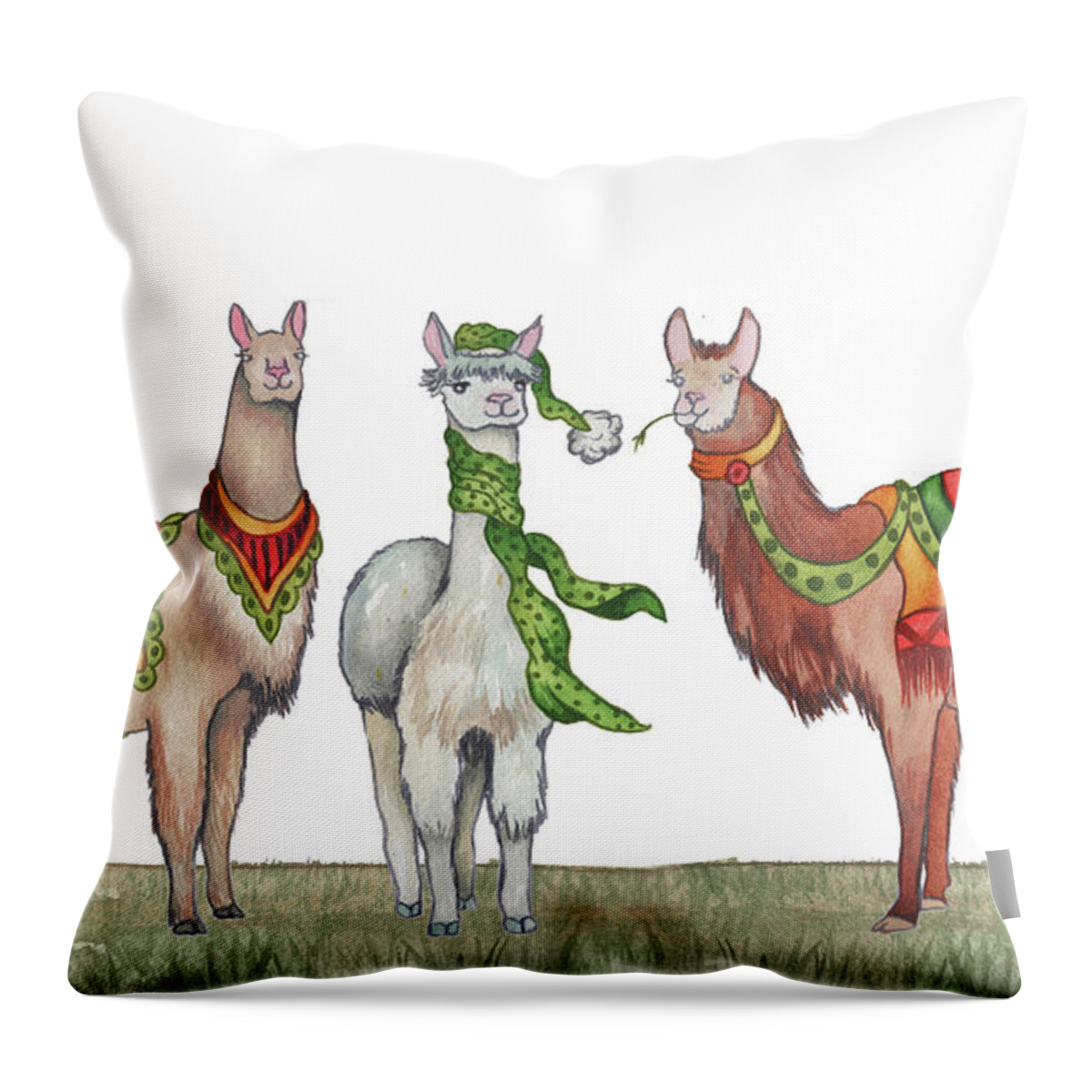 Christmas Throw Pillow featuring the painting Christmas Llamas by Elizabeth Medley