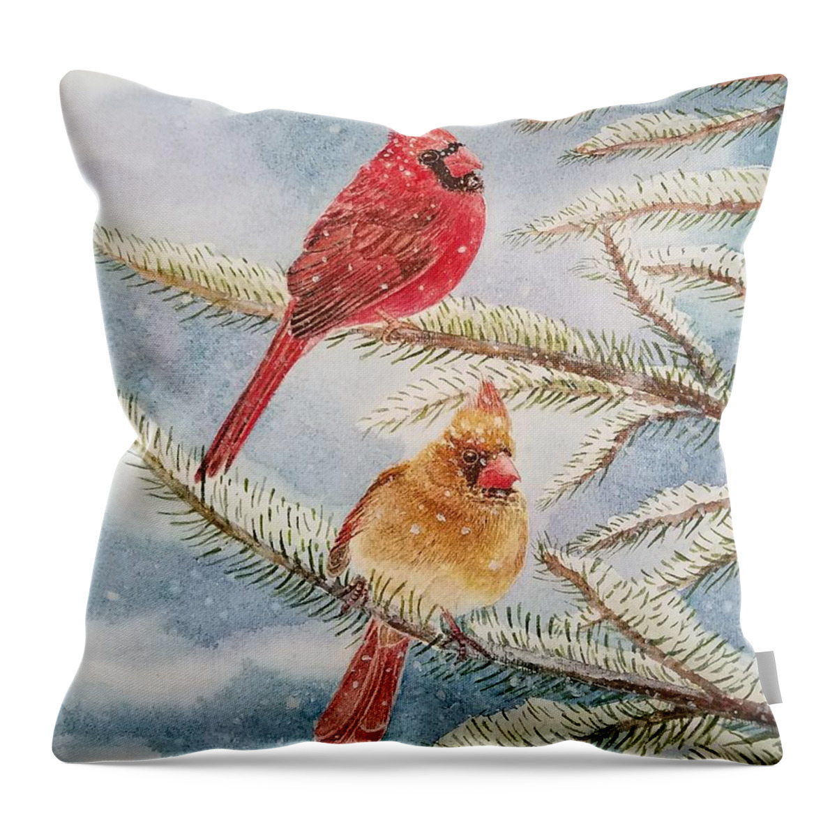 Christmas Throw Pillow featuring the painting Nothern Cardinals On Snowy Days by Jane Powell