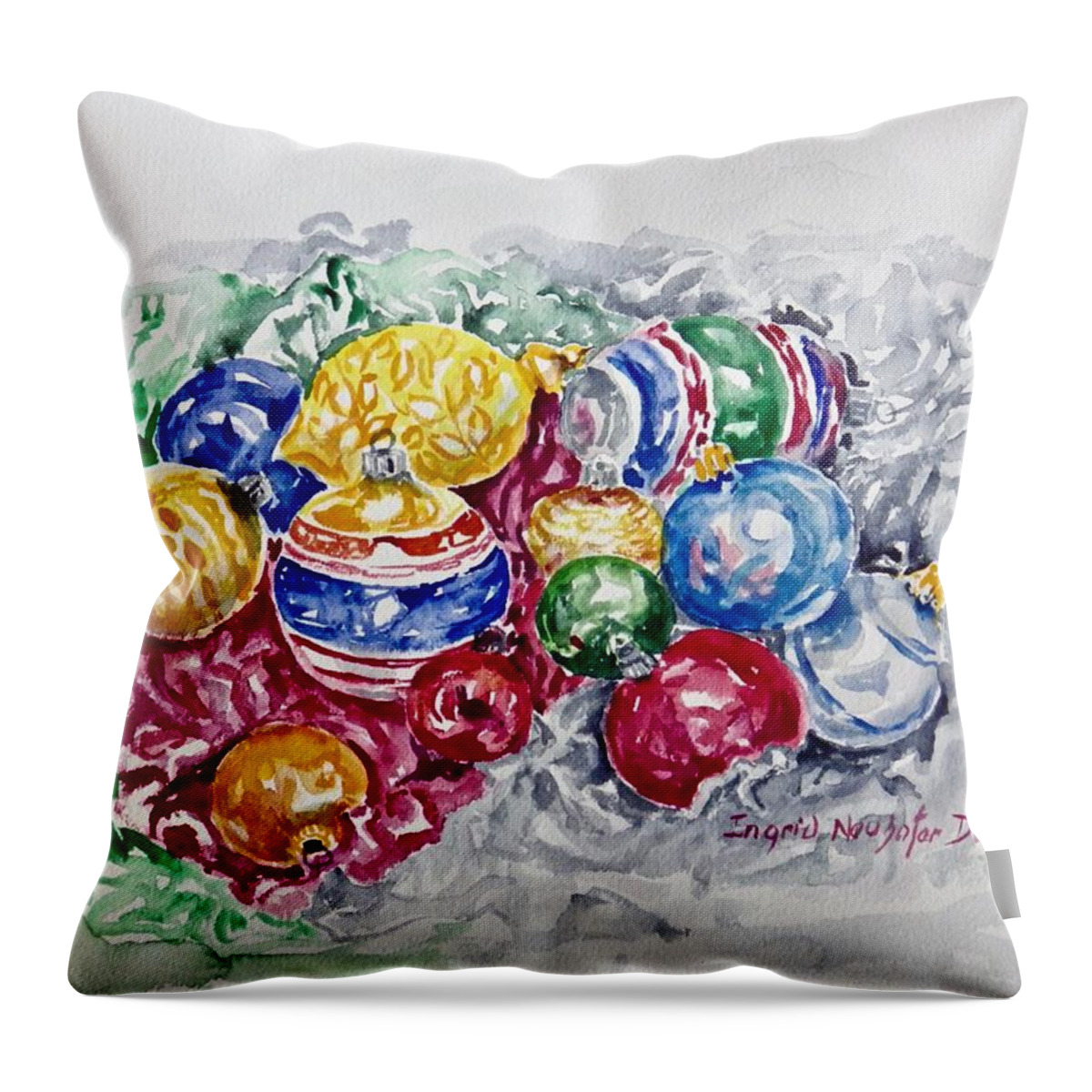 Still Life Throw Pillow featuring the painting Christmas Ornaments by Ingrid Dohm