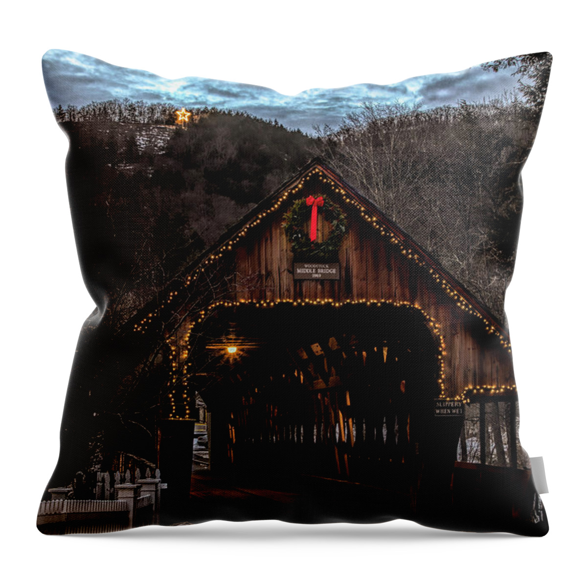 Middle Covered Bridge Throw Pillow featuring the photograph Christmas Star above Woodstock Covered Bridge by Jeff Folger