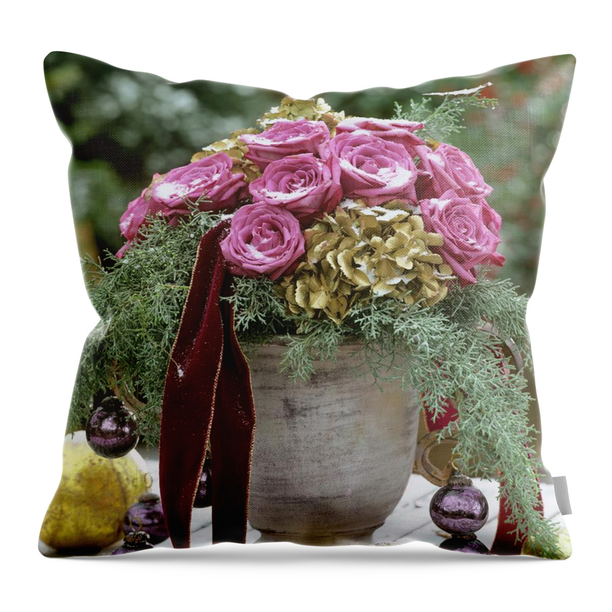 Ip_00271087 Throw Pillow featuring the photograph Christmassy Arrangement Of Roses by Friedrich Strauss