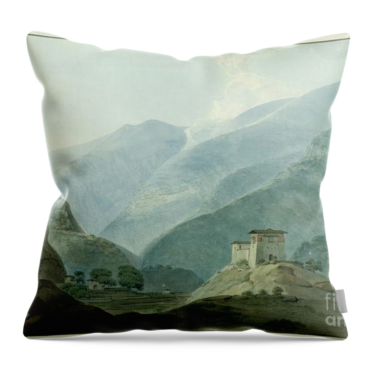 Cliff Throw Pillow featuring the painting Chukha Casle In Bhutan, 1783 by Samuel Davis