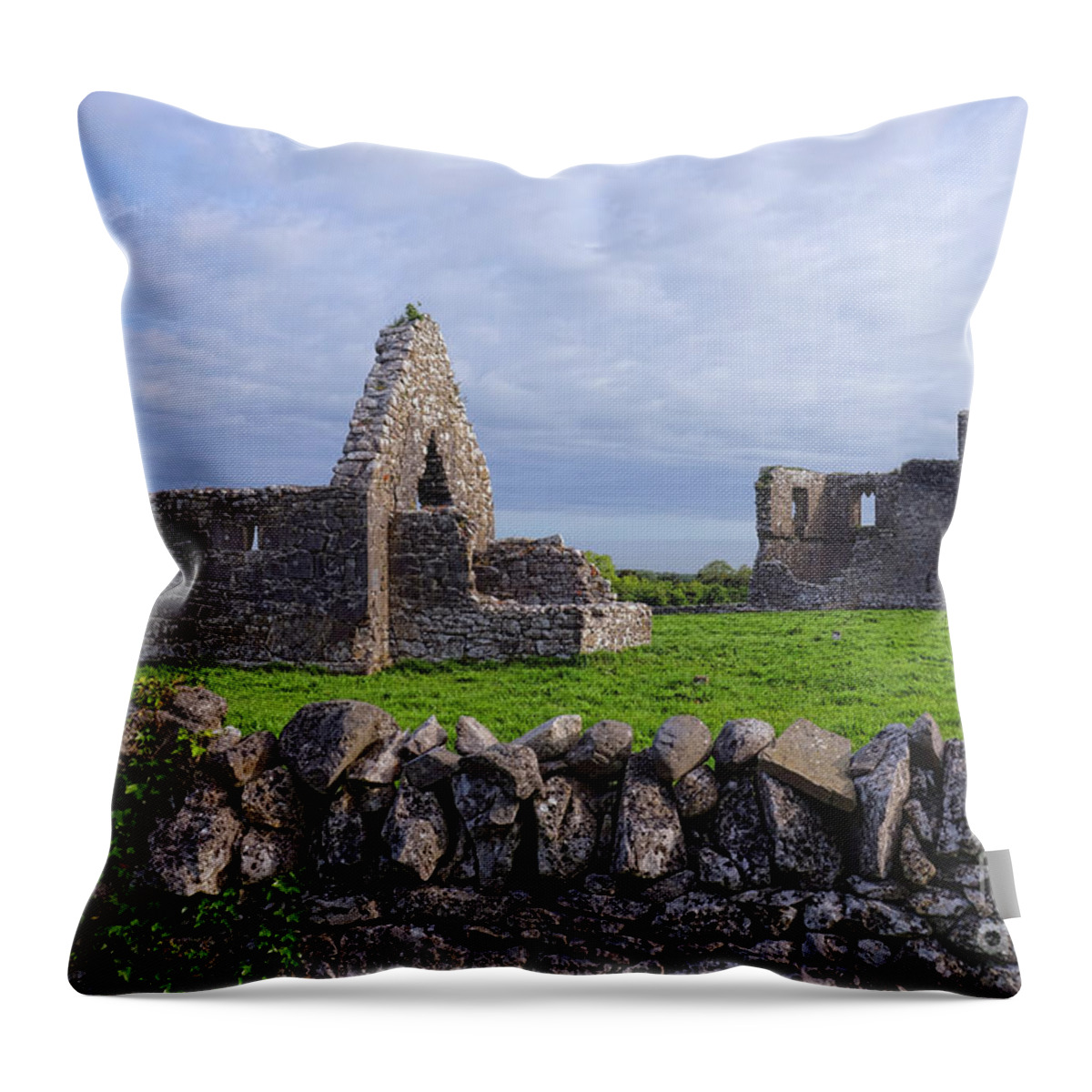 Kilmacduagh Throw Pillow featuring the photograph Church of St John the Baptist and Glebe House at Kilmacduagh Mon by Olivier Le Queinec