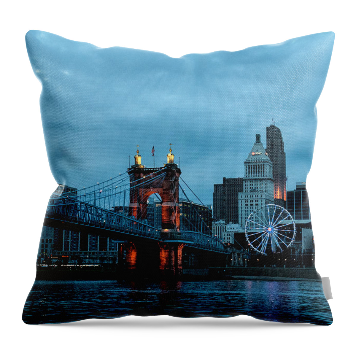 Cincinnati Cityscape At Night Throw Pillow featuring the photograph Cincinnati Cityscape at Night by Phyllis Taylor
