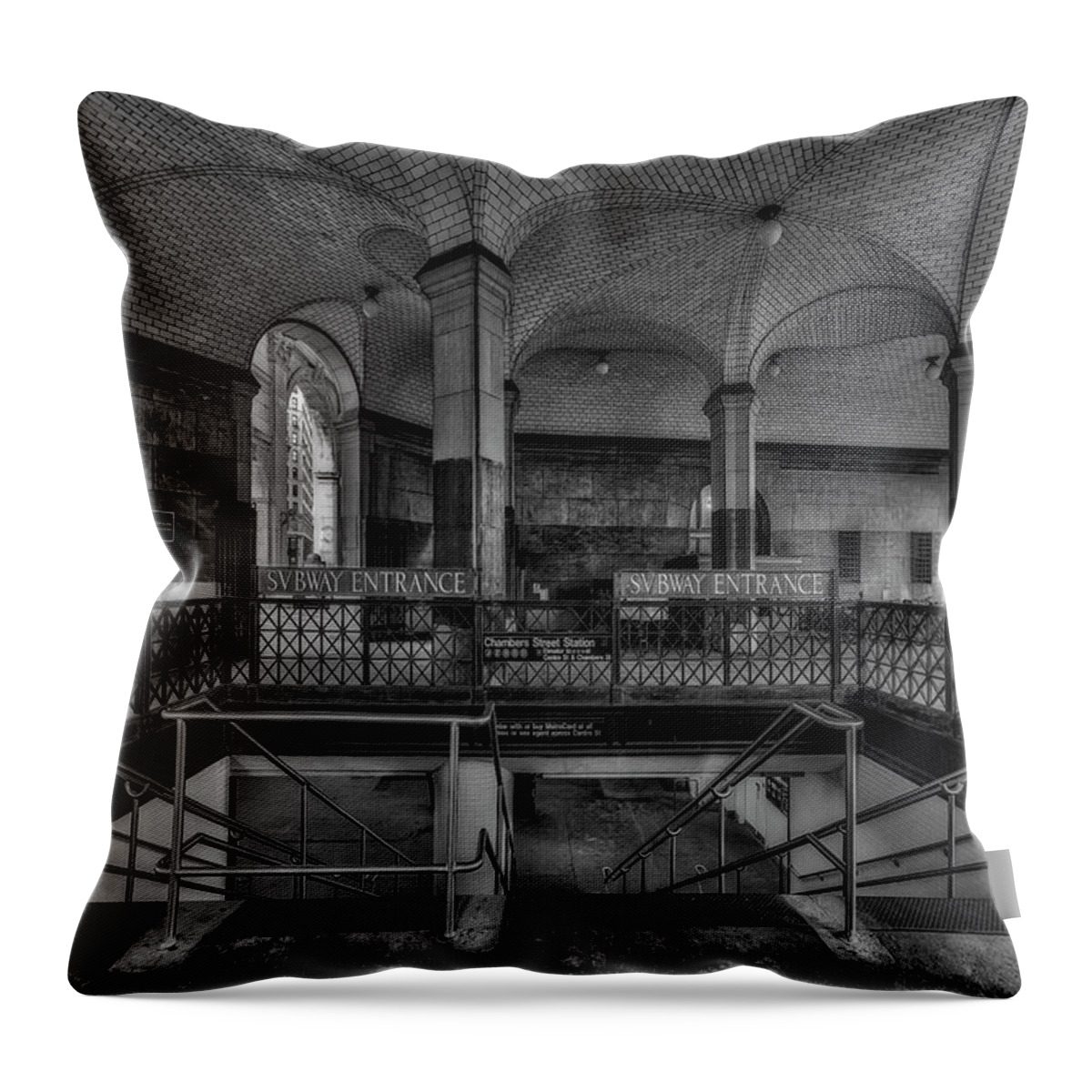 Chambers Street Throw Pillow featuring the photograph City Hall NYC Subway Station BW by Susan Candelario