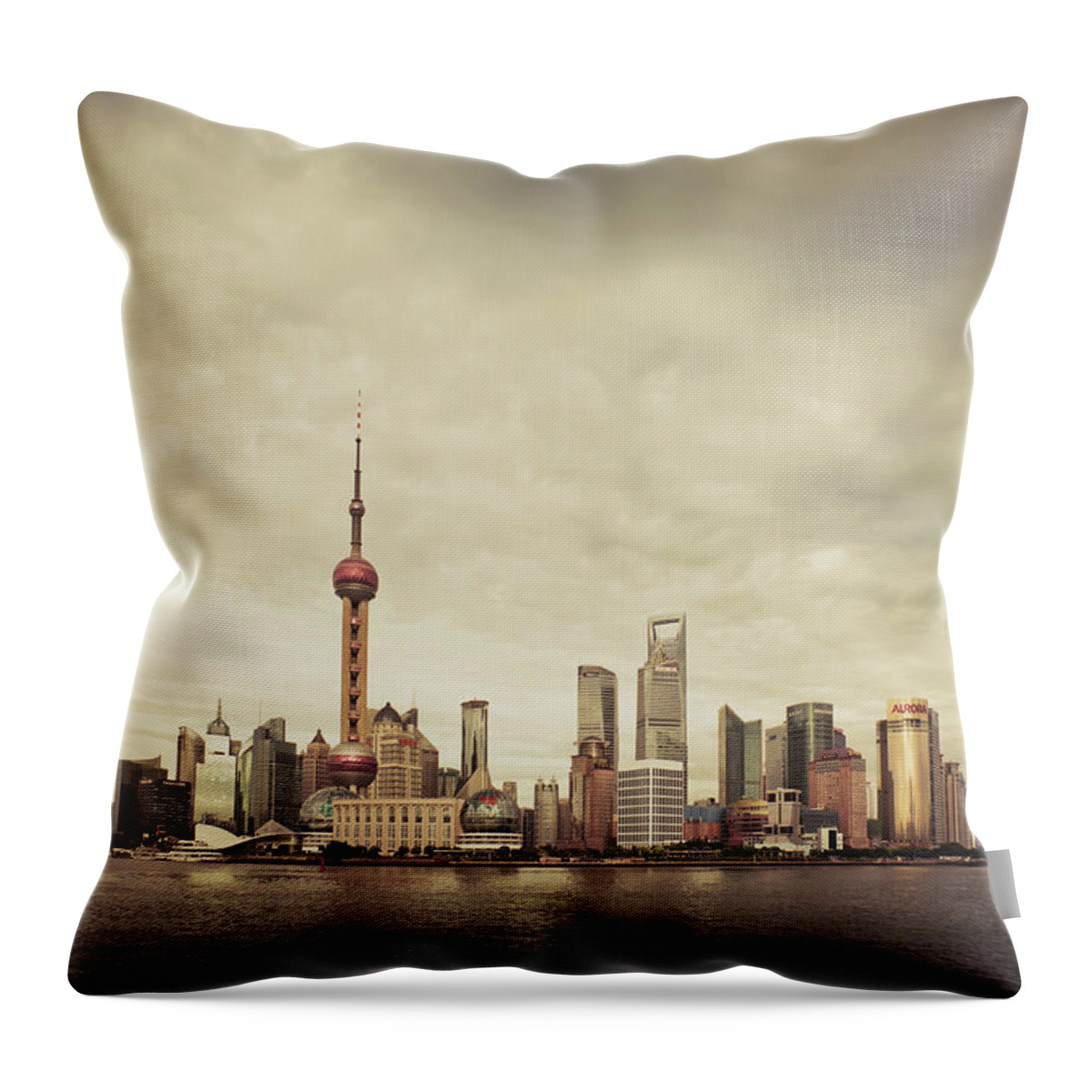 Communications Tower Throw Pillow featuring the photograph City Skyline At Sunset, Shanghai, China by D3sign