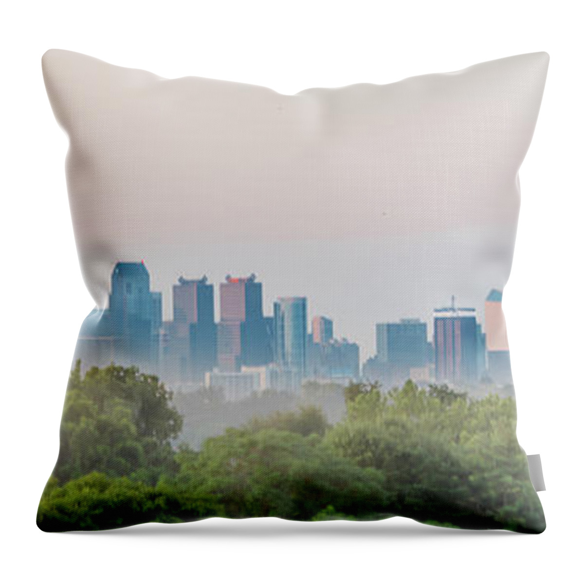 Cityscape Throw Pillow featuring the photograph Cityscape at Misty Sunrise Philadelphia - Panorama by Bill Cannon