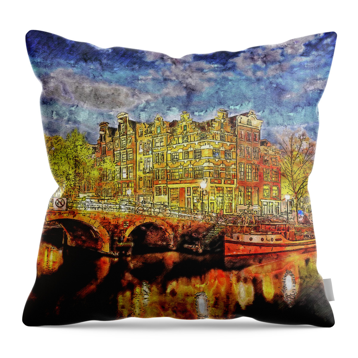 Art Throw Pillow featuring the drawing Cityscape watercolor drawing - Amsterdam by Hasan Ahmed