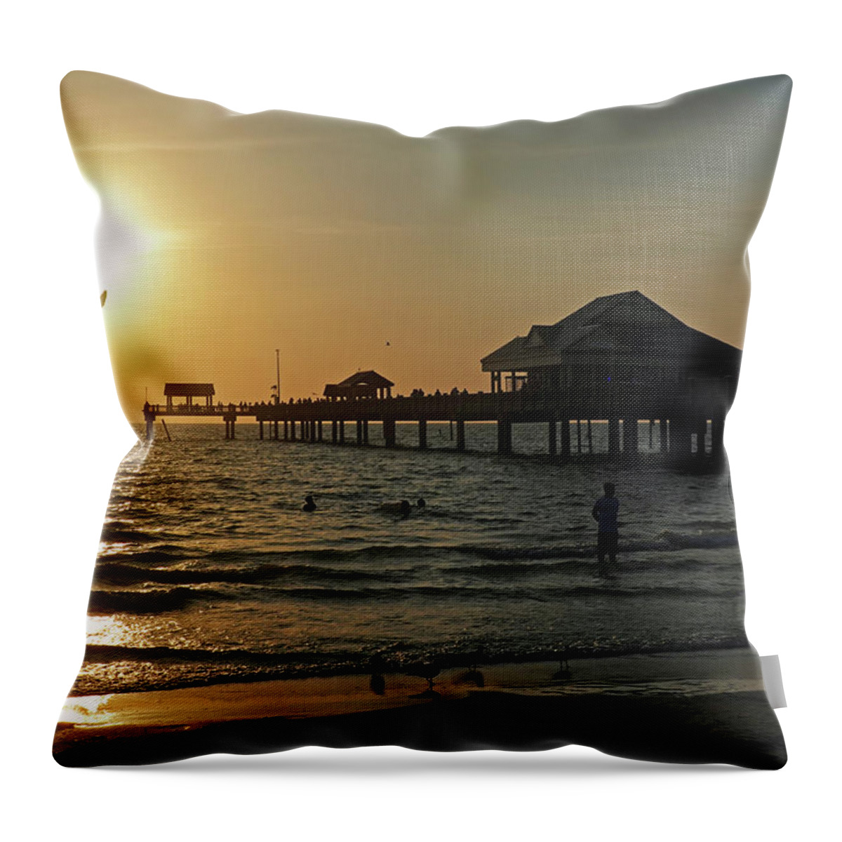 Clearwater Throw Pillow featuring the photograph Clearwater Florida Sunset at the Pier FL Seagull by Toby McGuire