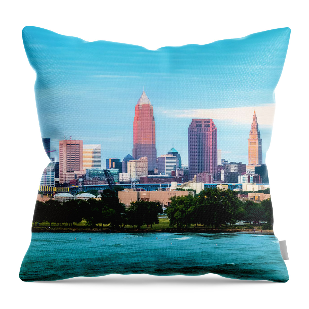 Water's Edge Throw Pillow featuring the photograph Cleveland And The Lake Erie Shore At by Drnadig