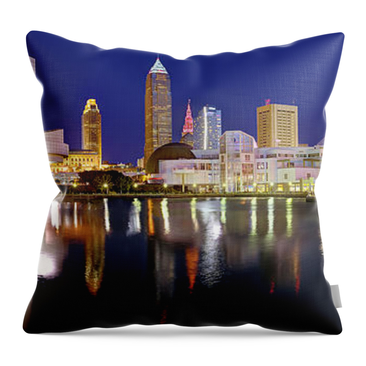 Cleveland Skyline Throw Pillow featuring the photograph Cleveland Skyline at Dusk Rock Roll Hall Fame by Jon Holiday