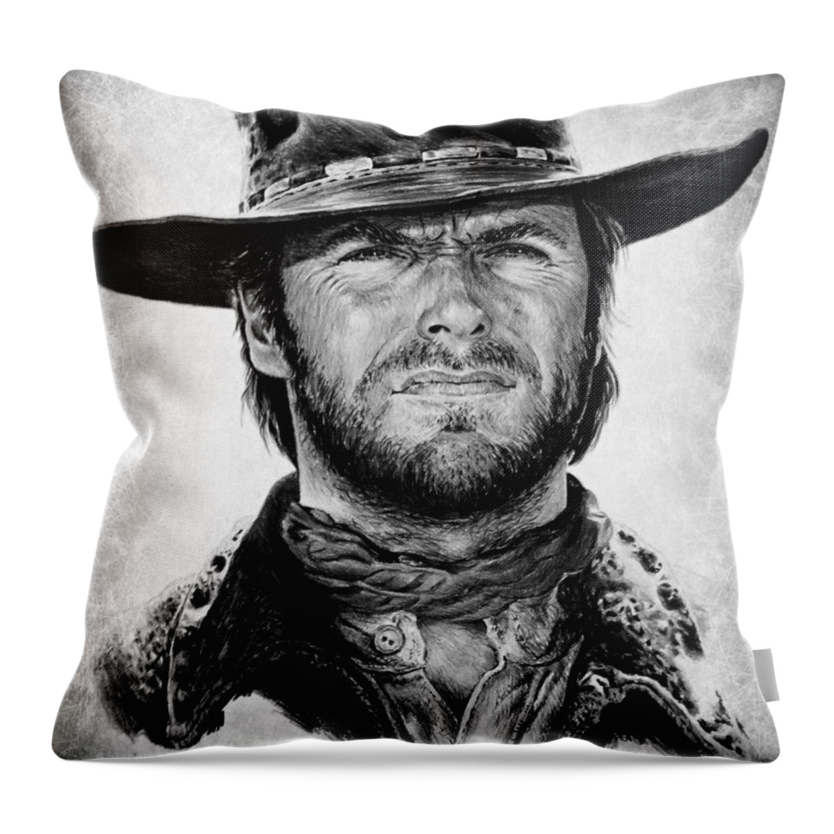 Clint Eastwood Throw Pillow featuring the drawing Clint portrait 1 by Andrew Read
