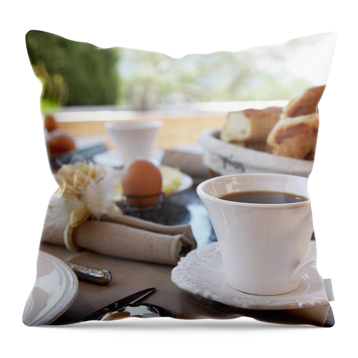 Breakfast Throw Pillow featuring the photograph Close Up Of Coffee At Breakfast Table by Easy Production