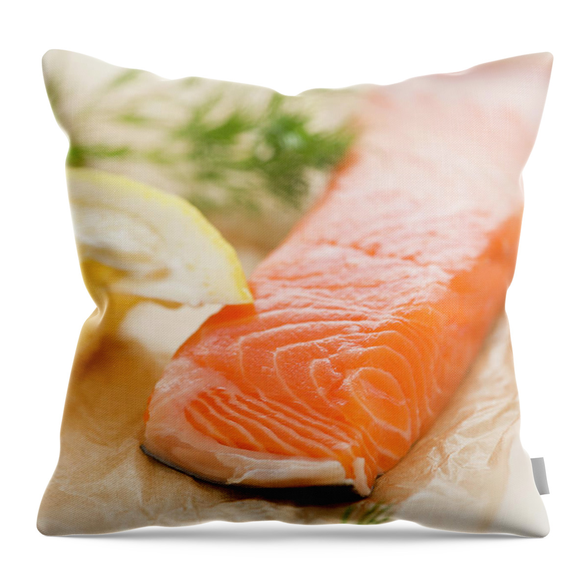 Close-up Throw Pillow featuring the photograph Close Up Of Salmon Meat With Lemon And by Jamie Grill