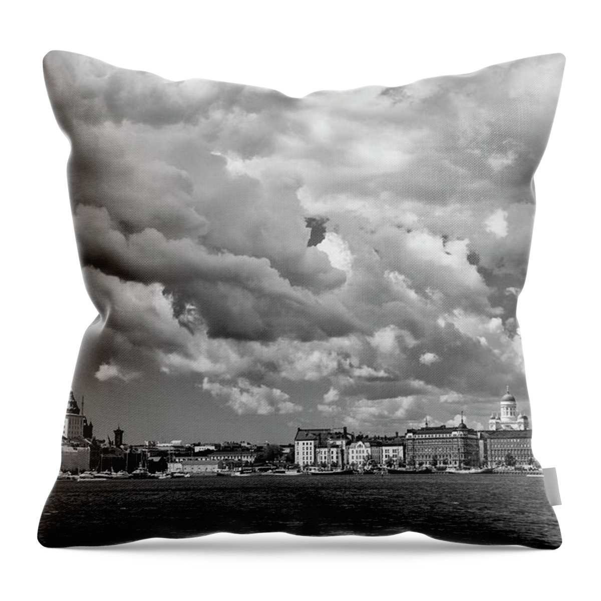 Helsinki; Finland; Clouds; Europe; Scandinavia; Baltic; Baltic Sea; Black And White; Black White Throw Pillow featuring the photograph Clouds over Helsinki by Mick Burkey