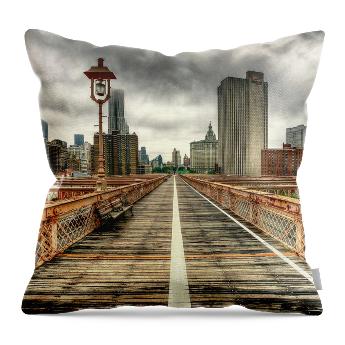 Suspension Bridge Throw Pillow featuring the photograph Cloudy New York From Brooklyn Bridge by Ixefra