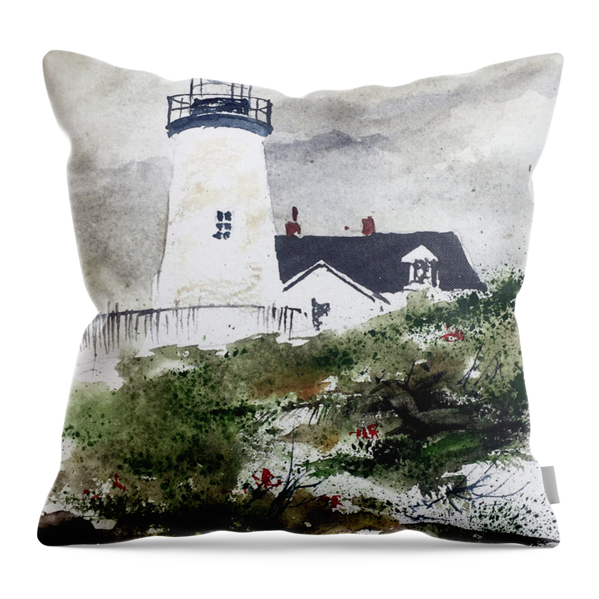 The Pemaquid Point Lighthouse With A Cloudy Sky. Throw Pillow featuring the painting Coastal Clouds by Monte Toon