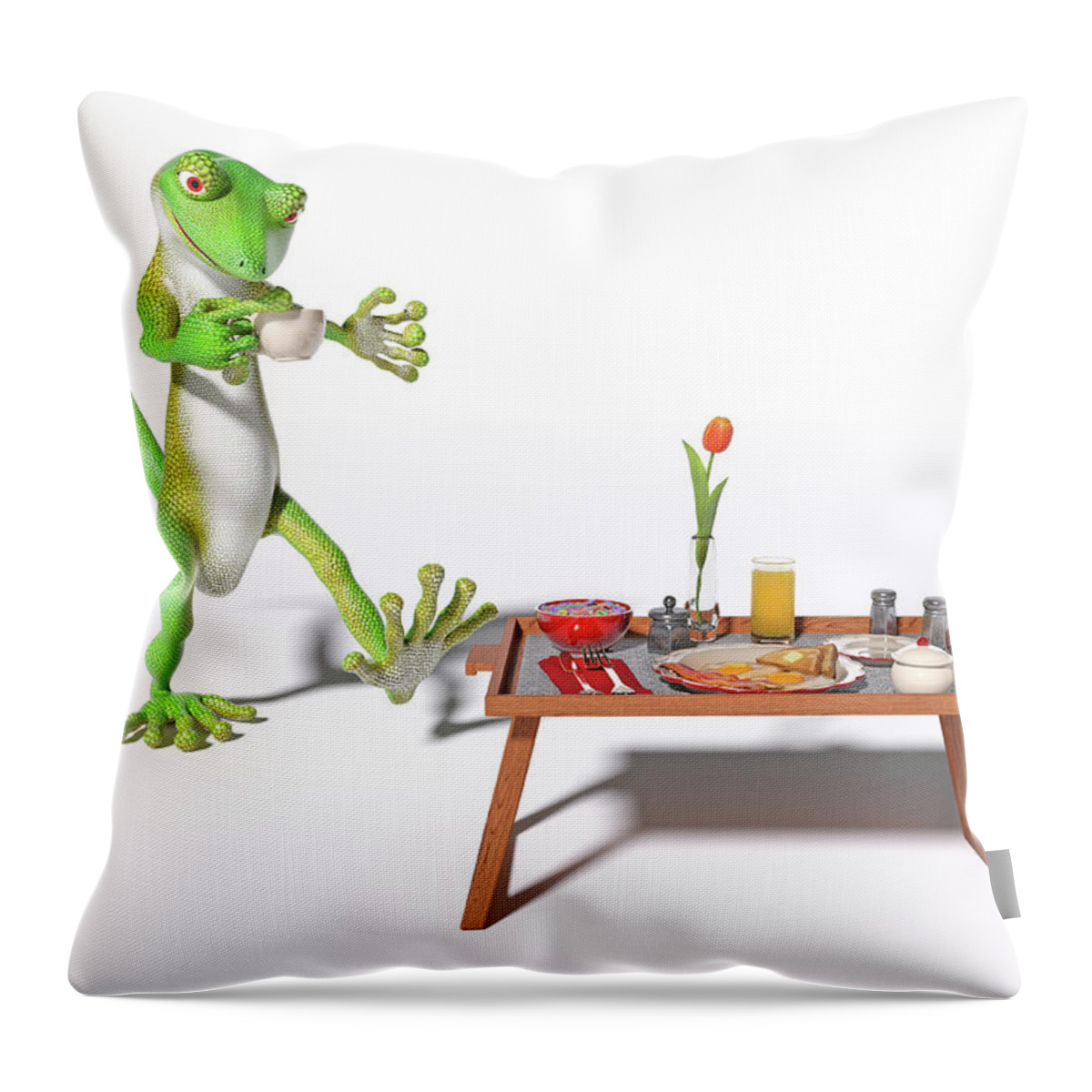 Gecko Throw Pillow featuring the digital art Coffee Completes Breakfast by Betsy Knapp
