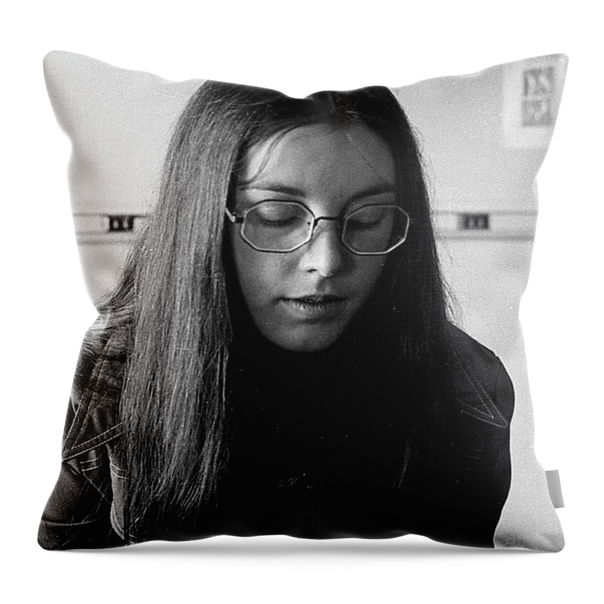 Brown University Throw Pillow featuring the photograph College Student with Octagonal Eyeglasses, 1972 by Jeremy Butler