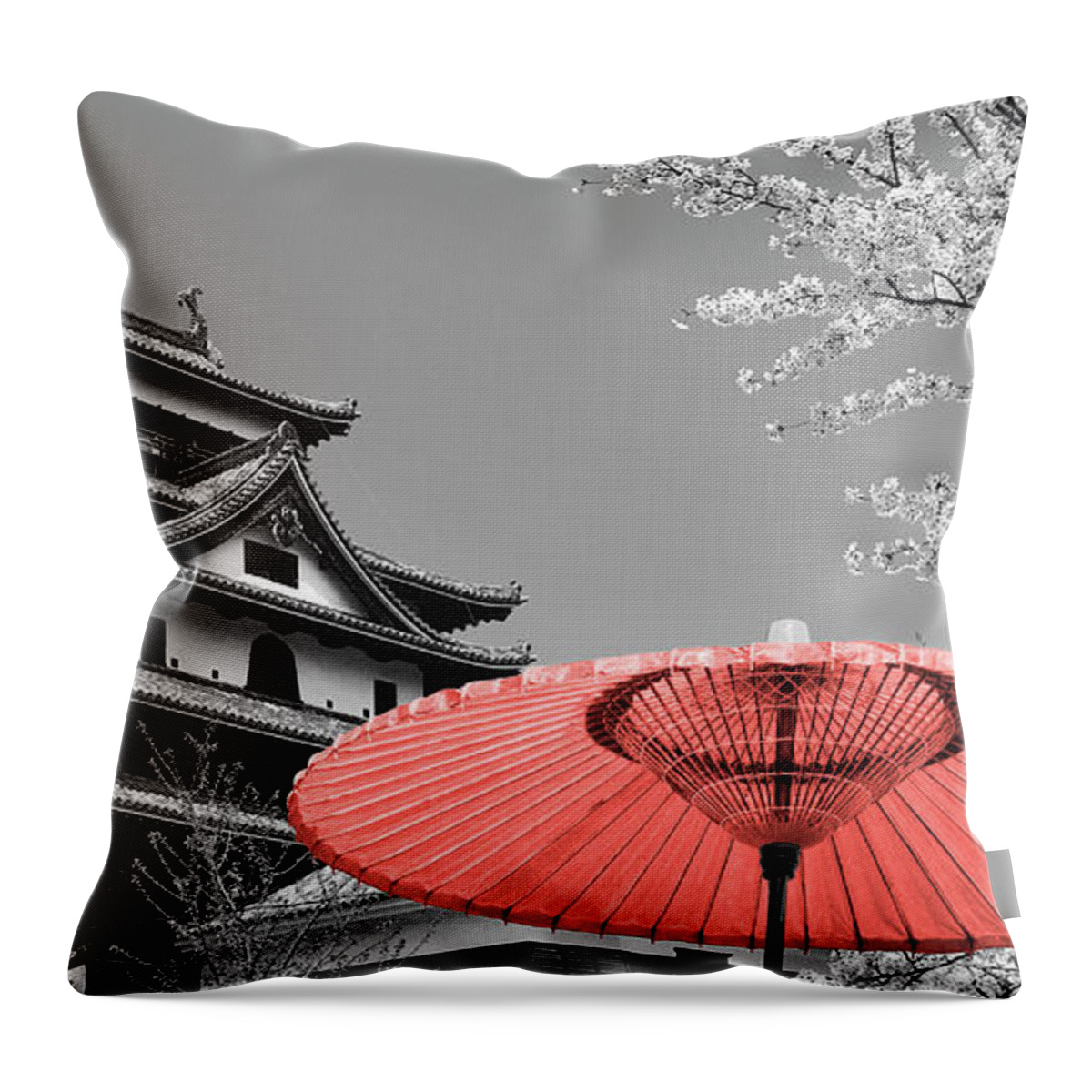 Photography Throw Pillow featuring the photograph Color Pop, Cherry Blossom Matsue Castle by Panoramic Images