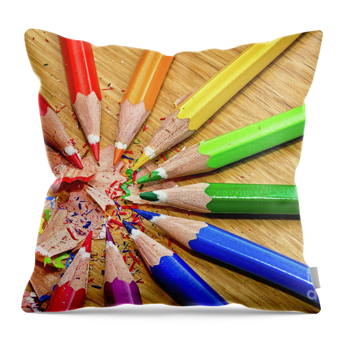 Close-up Throw Pillow featuring the photograph Colored Pencils And Shavings On Table by Gerard Mcauliffe