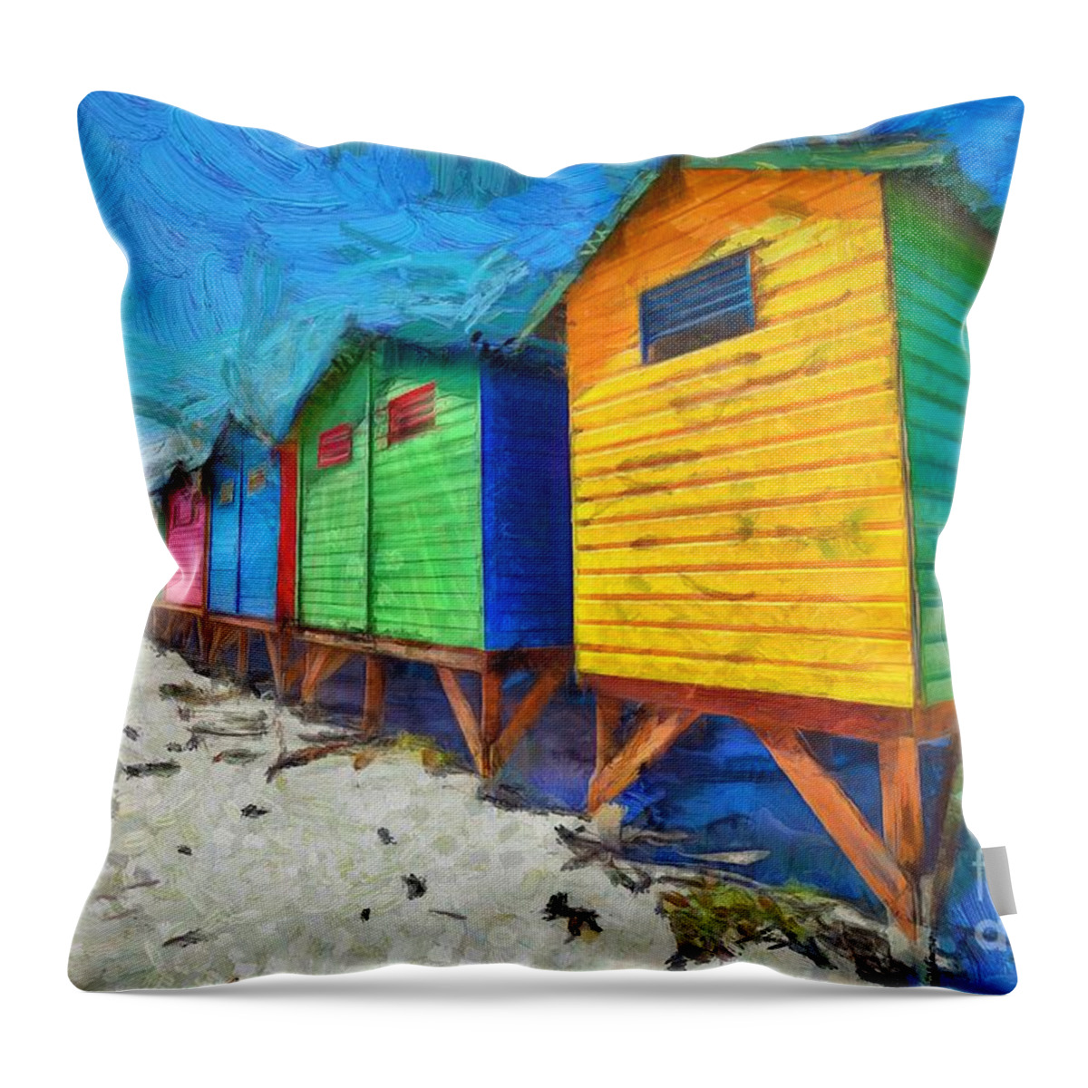 Muizenberg Throw Pillow featuring the digital art Colorful Beach Huts by Eva Lechner