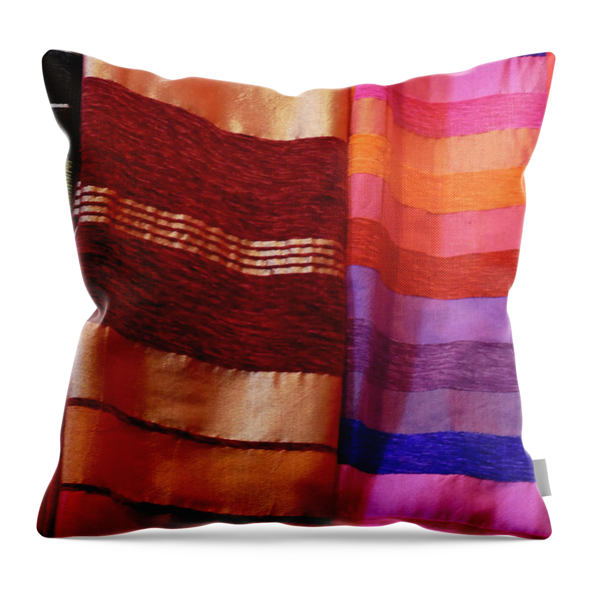 Marrakech Throw Pillow featuring the photograph Colorful fabrics in the medina market by Steve Estvanik