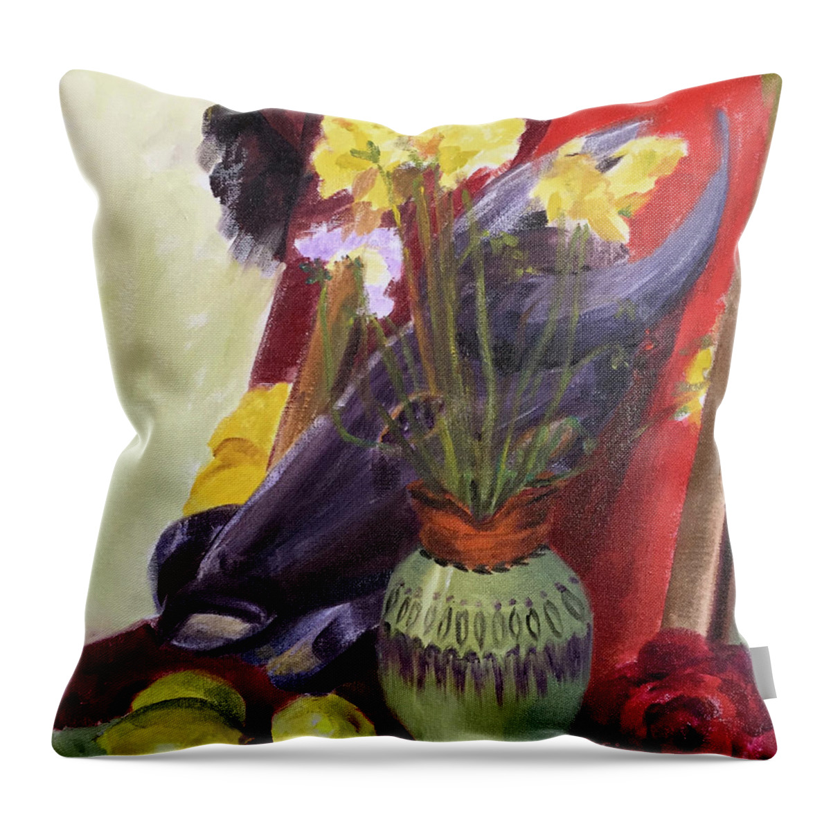 Still Life Throw Pillow featuring the painting Colorful Still Life Painting surrounding an African Tribal Mask by Greta Corens