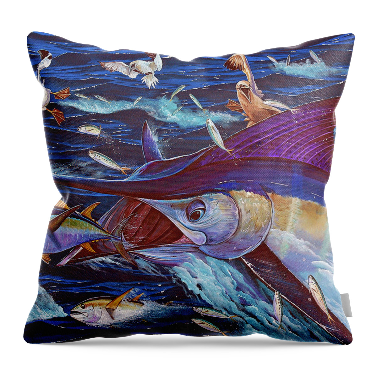 Blue Marlin And Tunas Throw Pillow featuring the painting Commotion in the Ocean by Mark Ray
