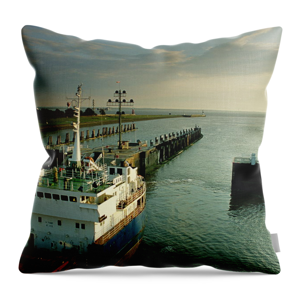 Freight Transportation Throw Pillow featuring the photograph Container Ship In A Lock, Brunsbuttel by Jorg Greuel