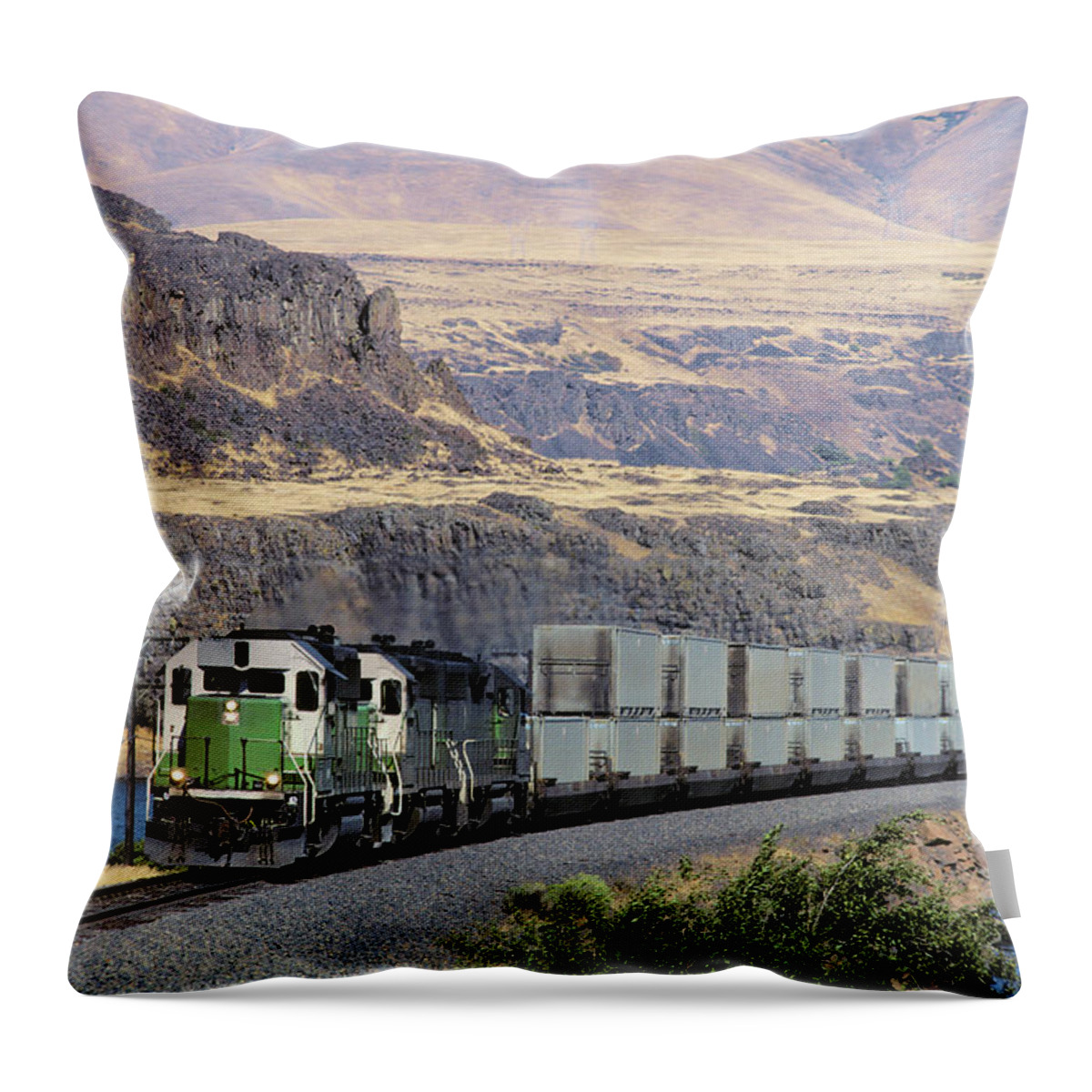 Scenics Throw Pillow featuring the photograph Container Trash Train In Columbia River by Beyondimages