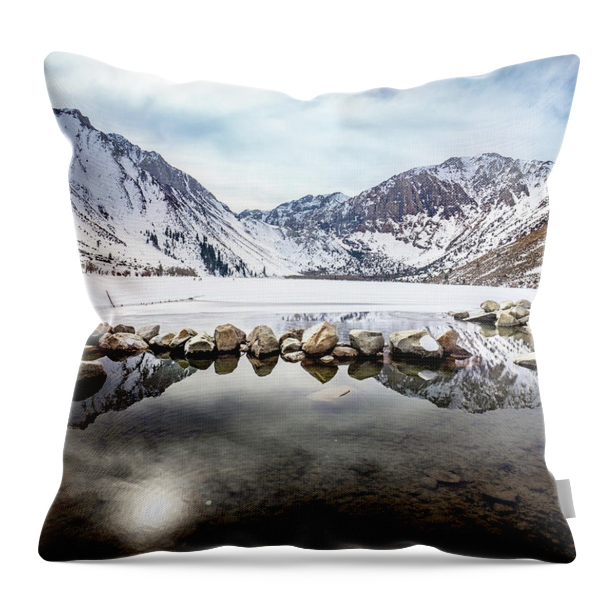 Winter; Lake; Sierras; California; Hwy 395; Reflections; Snow; Ice; Clouds; Landscape; Scenic; Elegance Of Wilderness Throw Pillow featuring the photograph Convict Lake in Winter by Janis Knight