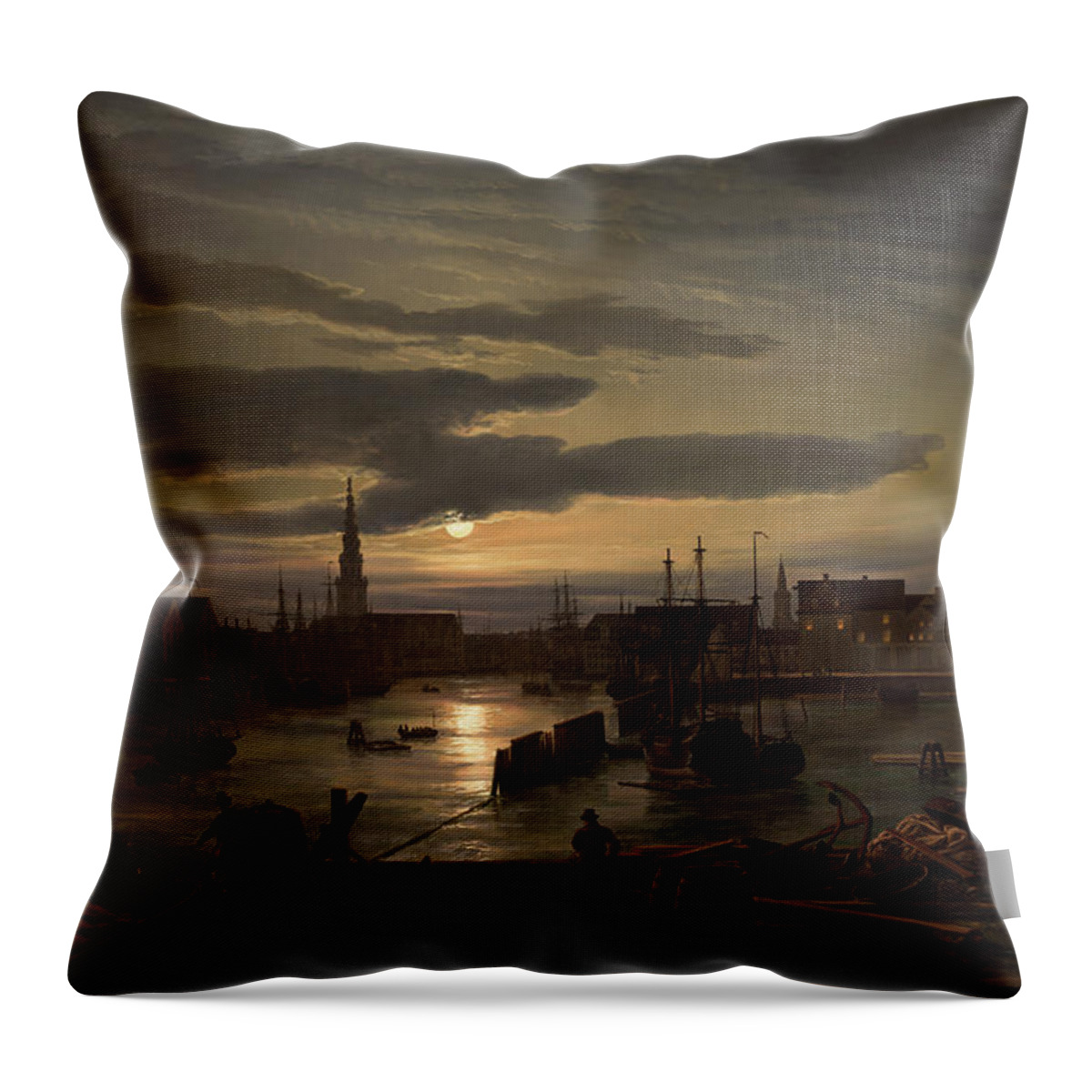 Ship Throw Pillow featuring the painting Copenhagen Harbor by Moonlight                         by Johan Christian Dahl