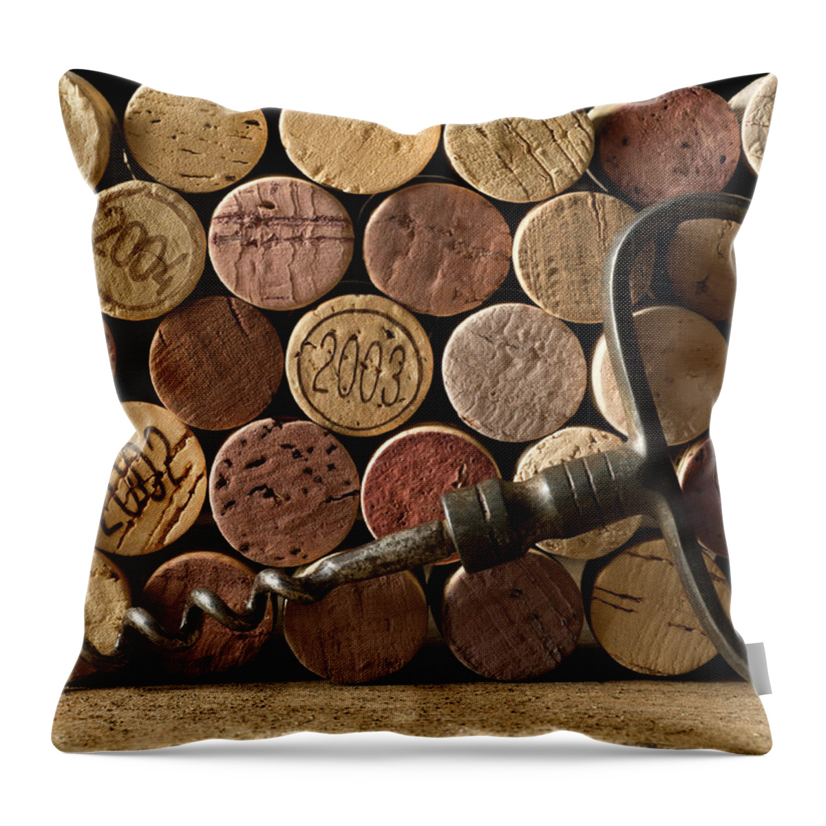 Corkscrew Throw Pillow featuring the photograph Corks And Corkscrew by Markswallow