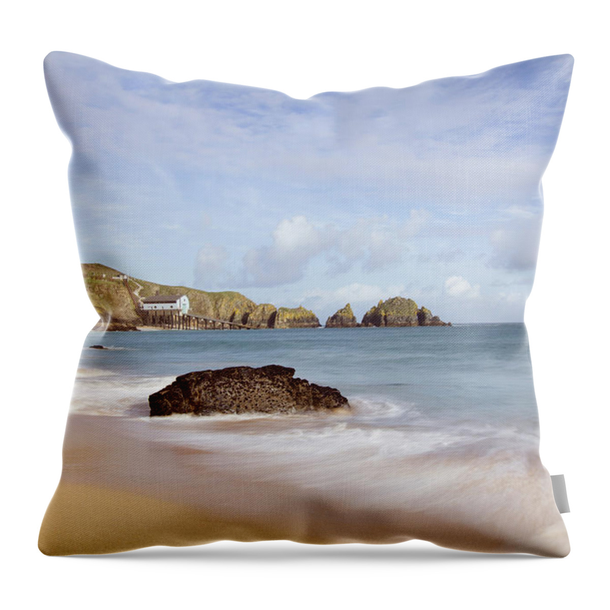 Water's Edge Throw Pillow featuring the photograph Cornish Beach Scene by Mattstansfield