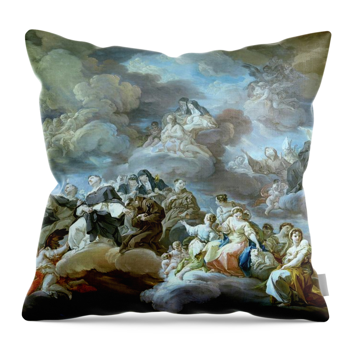 Corrado Giaquinto Throw Pillow featuring the painting Corrado Giaquinto / 'Paradise', 1755-1756, Italian School, Oil on canvas, 97,5 cm x 140 cm, P05118. by Corrado Giaquinto -c 1703-1765-