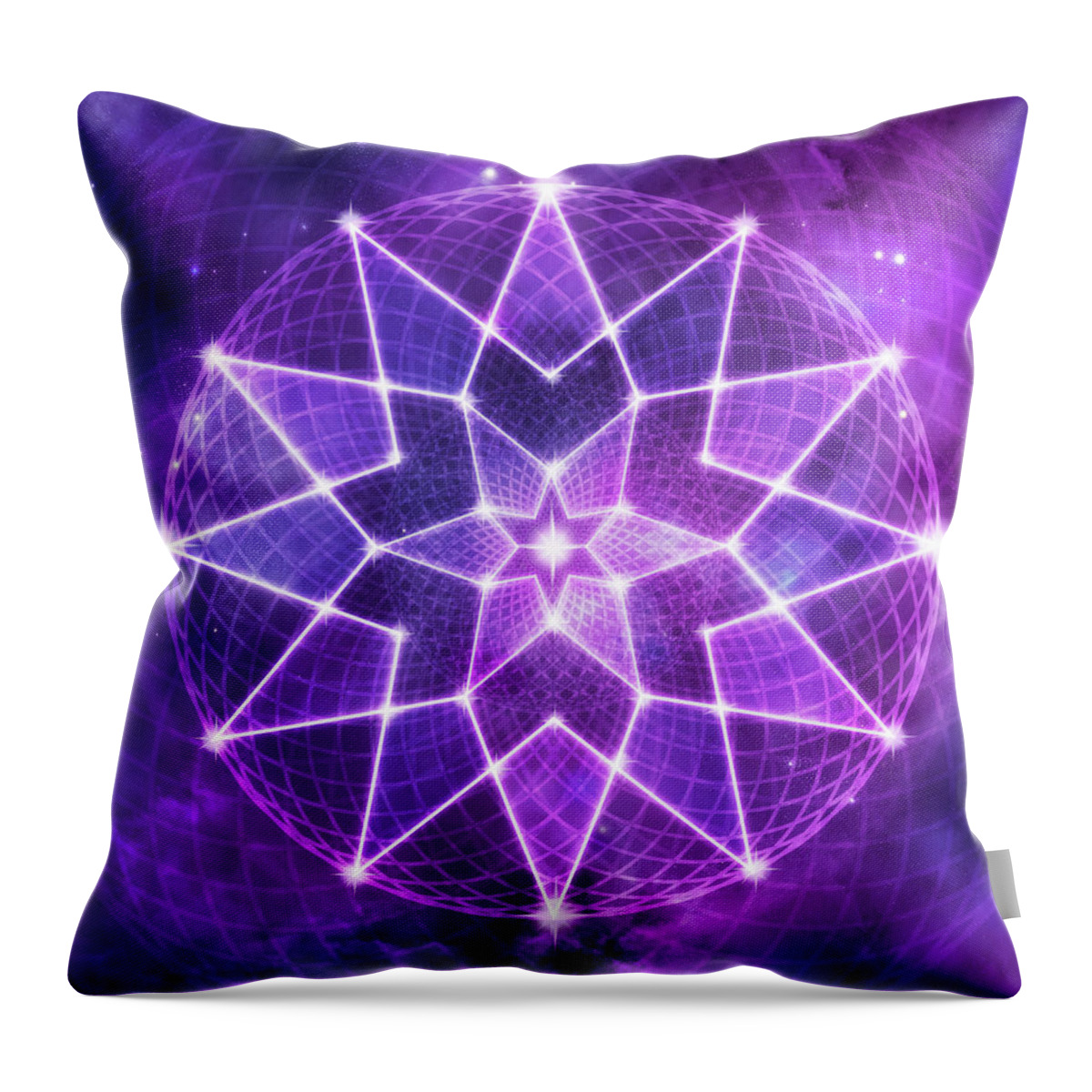 Seed Of Life Throw Pillow featuring the digital art Cosmic Purple Geometric Seed of Life Crystal Lotus Star Mandala by Laura Ostrowski