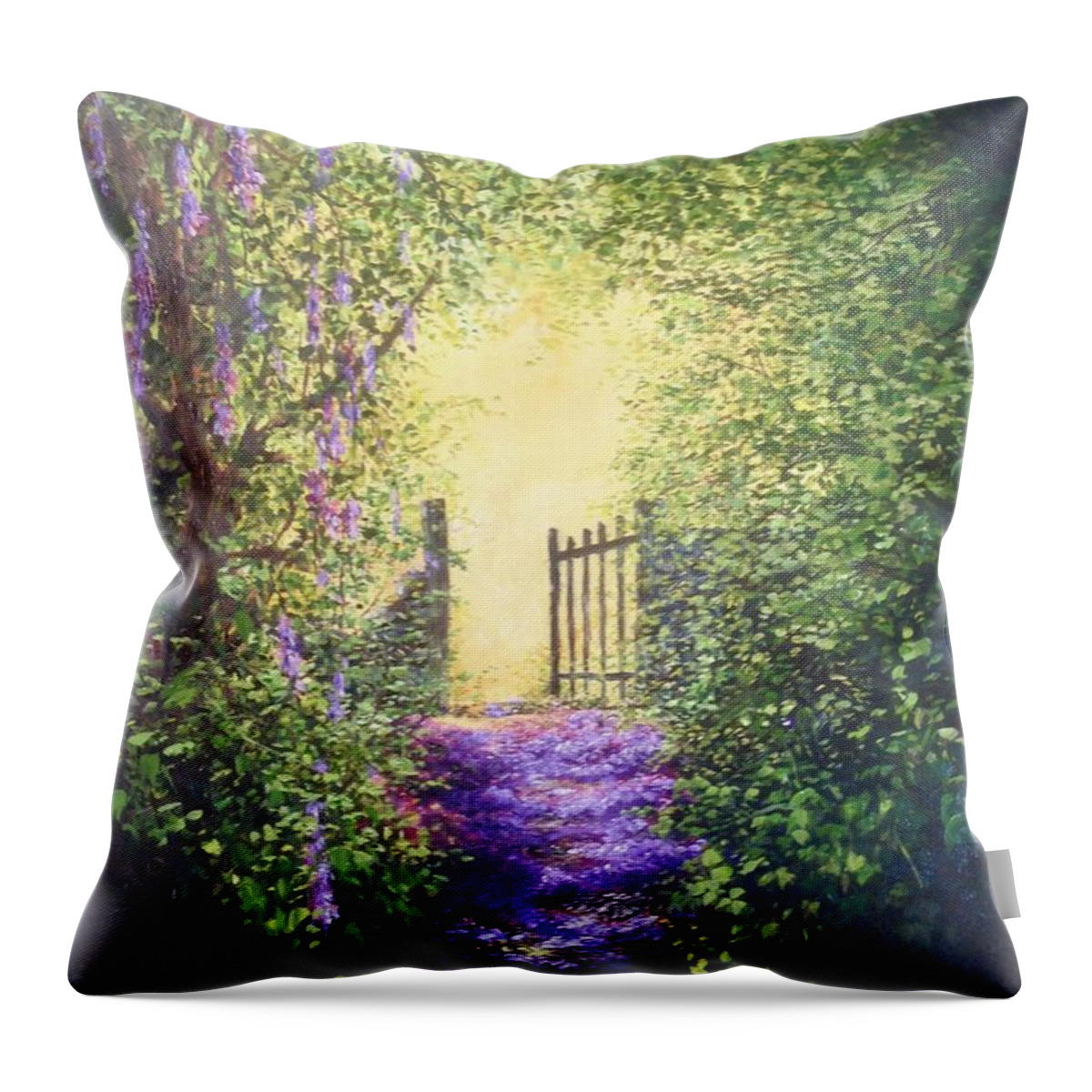 Petals Throw Pillow featuring the painting Cotswolds Pathway of Petals to an open Gate and into the sunshine beyong by Lizzy Forrester