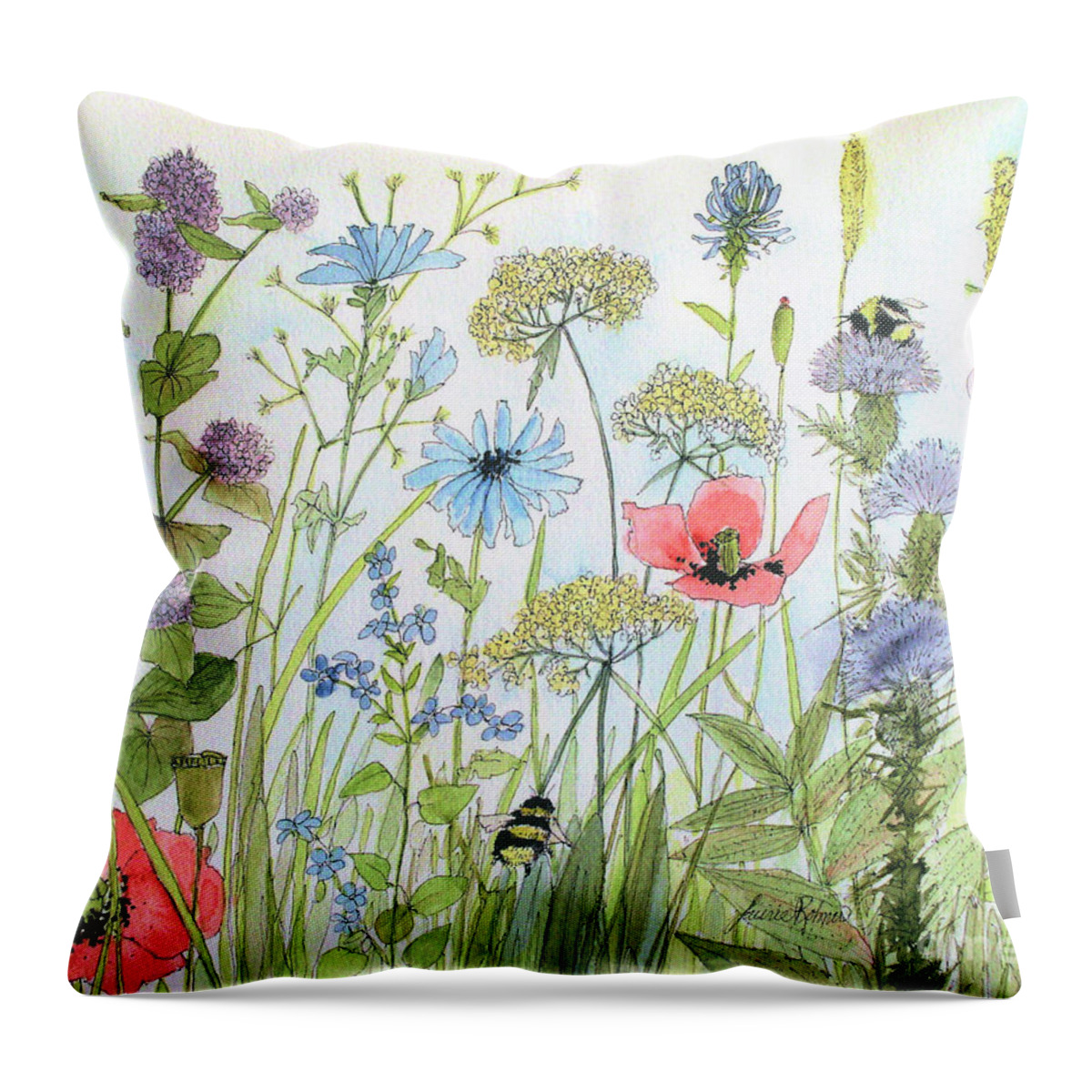 Flowers Throw Pillow featuring the painting Cottage Flowers and Bees by Laurie Rohner
