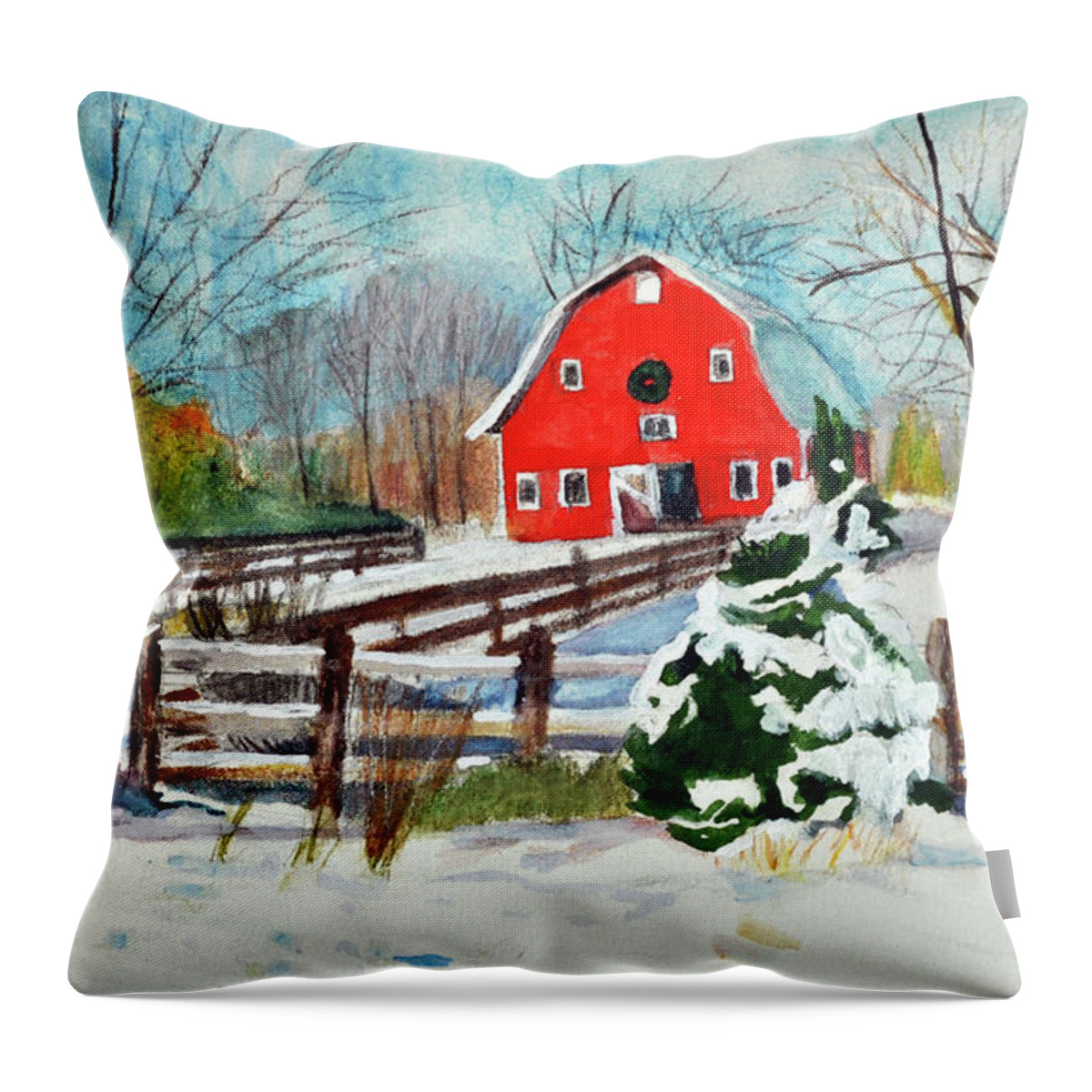 Barn Throw Pillow featuring the mixed media Country Christmas by Lori Moon