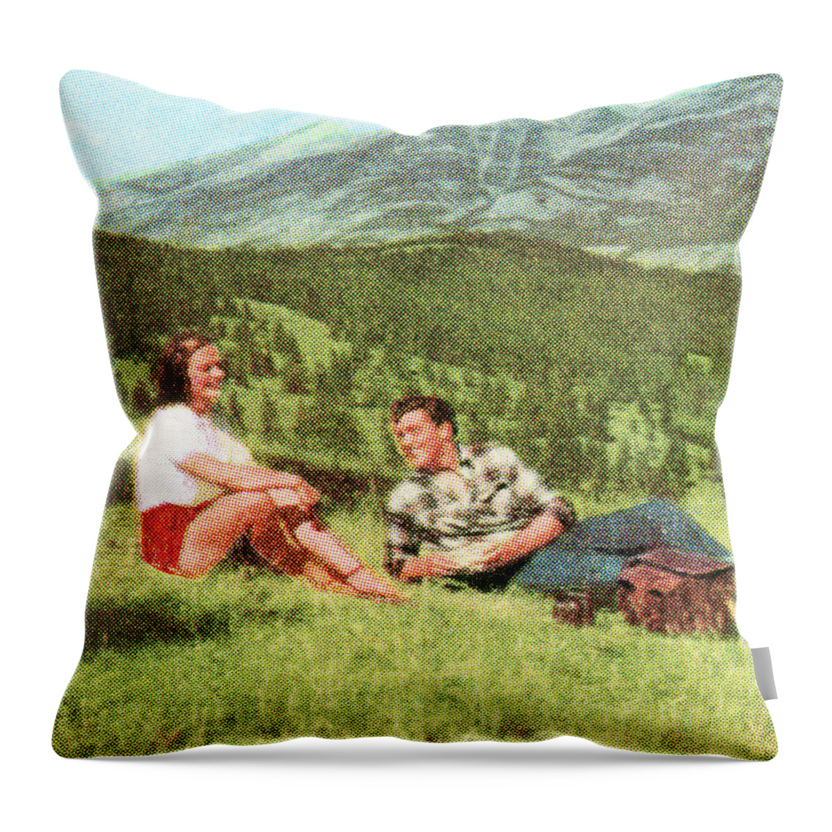 Campy Throw Pillow featuring the drawing Couple Having a Picnic on a Hillside by CSA Images