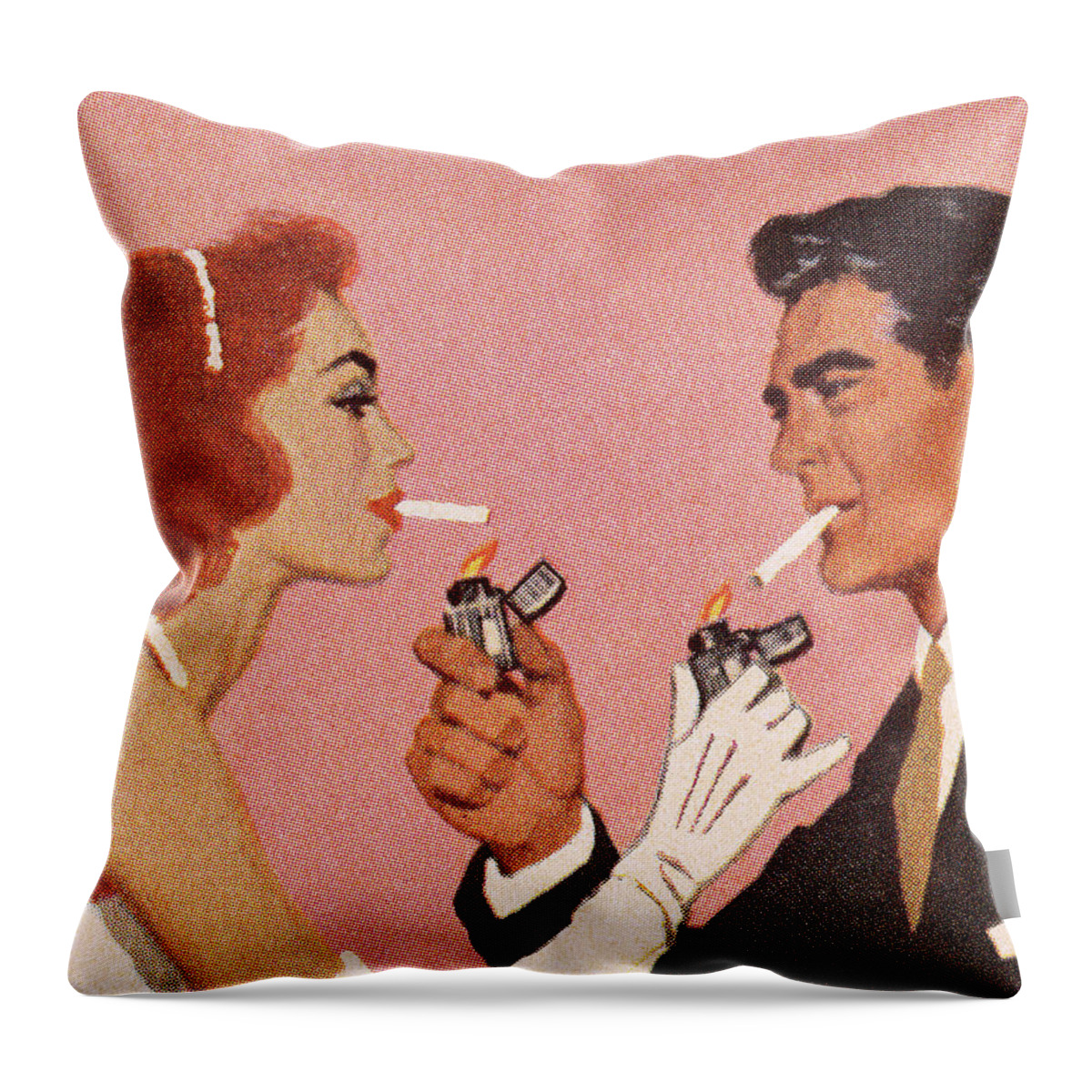 Addiction Throw Pillow featuring the drawing Couple Lighting Each Others Cigarette by CSA Images